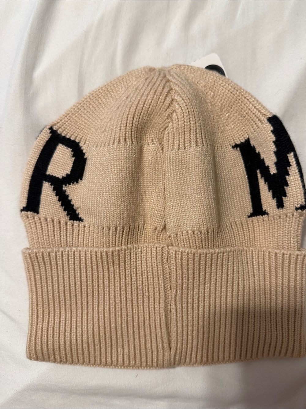 Moncler Beige Knit Beanie with Black Logo Text - Picture 2 of 2